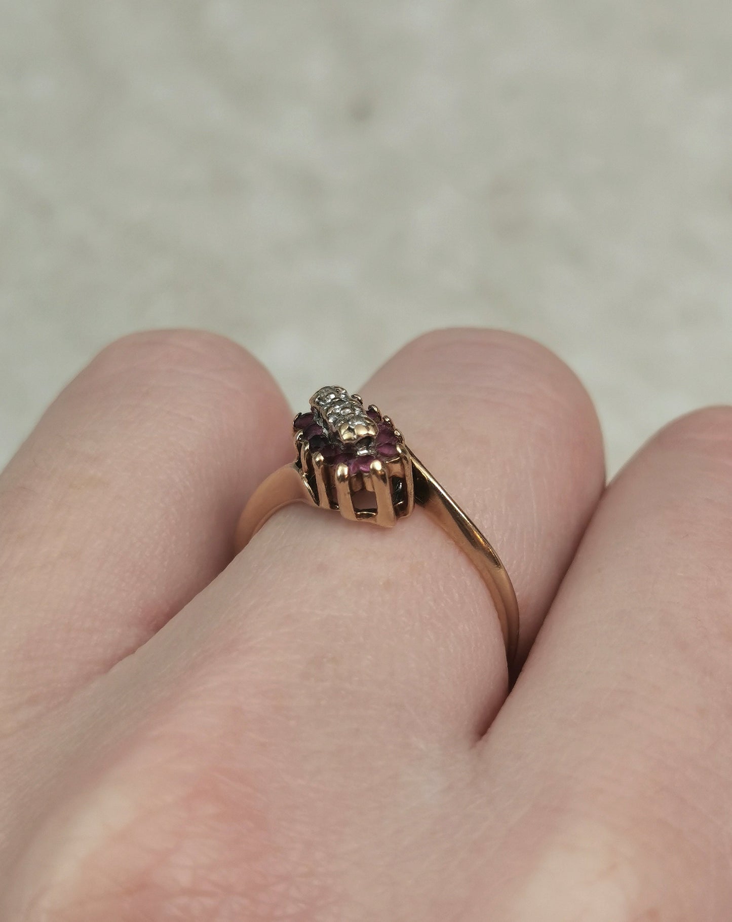 Estate 10k Yellow Gold Ruby & Diamond Cluster Bypass Ring