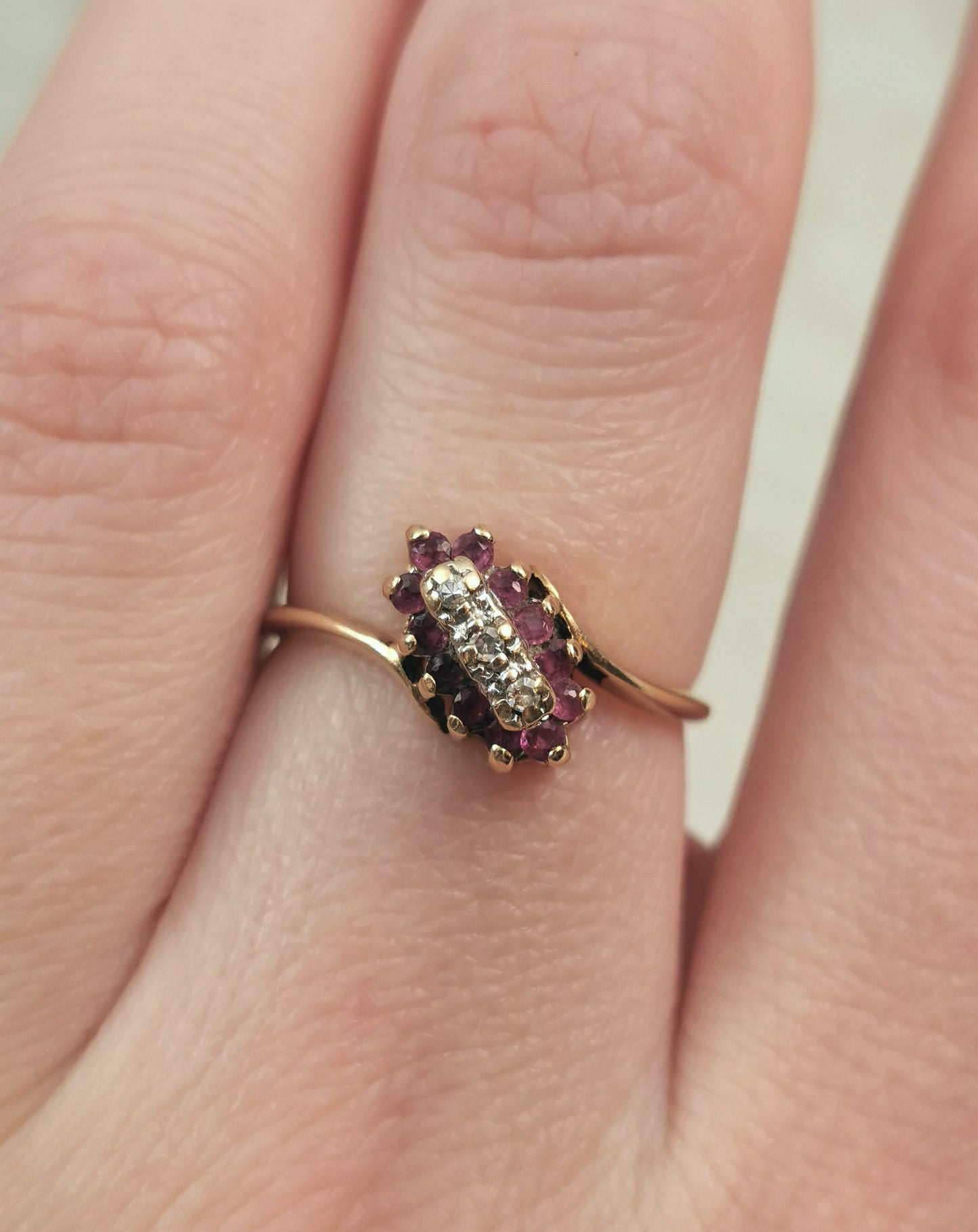 Estate 10k Yellow Gold Ruby & Diamond Cluster Bypass Ring