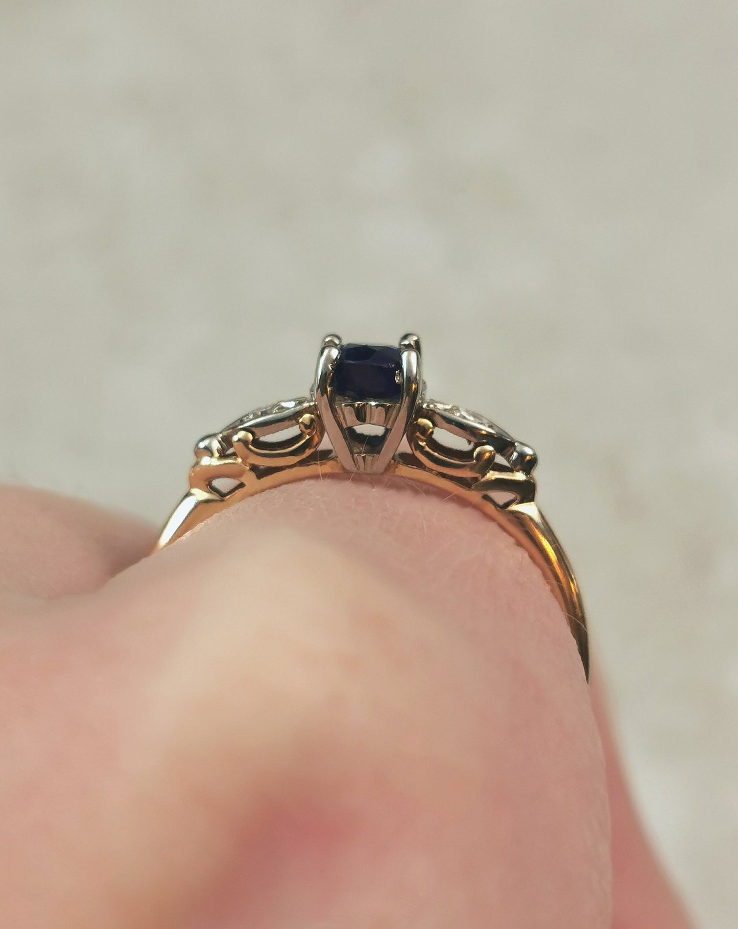 Vintage 1950s Imitation Sapphire Ring - Garnet Topped Doublet & Diamond Ring