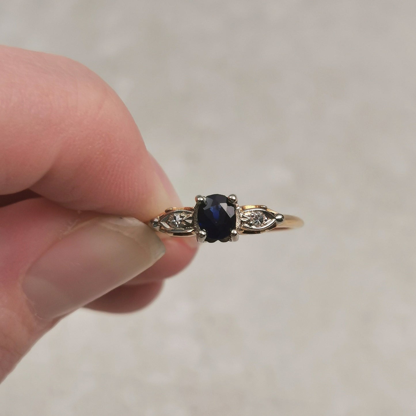 Vintage 1950s Imitation Sapphire Ring - Garnet Topped Doublet & Diamond Ring