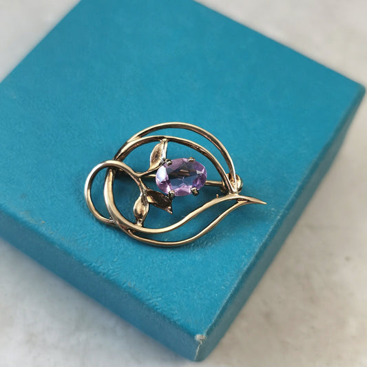 Vintage Delicate Sterling Silver Gold Vermeil Amethyst Brooch