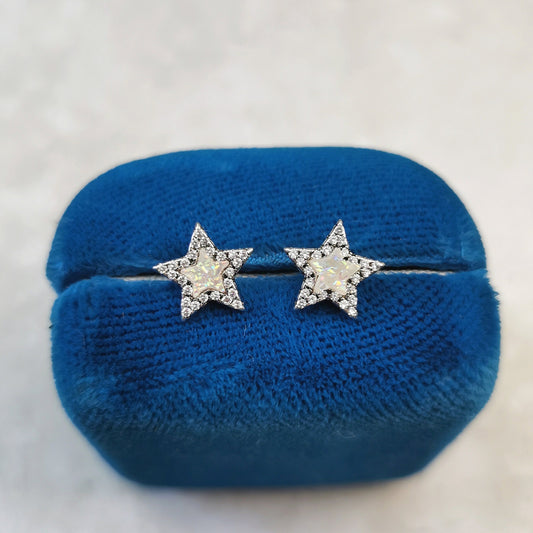 Estate Sterling Silver CZ & Faux Opal Star Stud Earrings