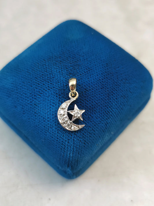 Estate 10k Yellow & White Gold Moon & Star Pendant