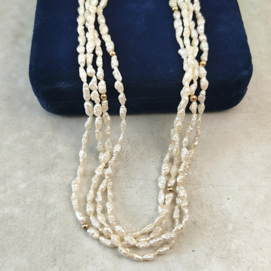 Vintage Sterling Silver Gold Vermeil 4 Strand Rice Pearl Necklace