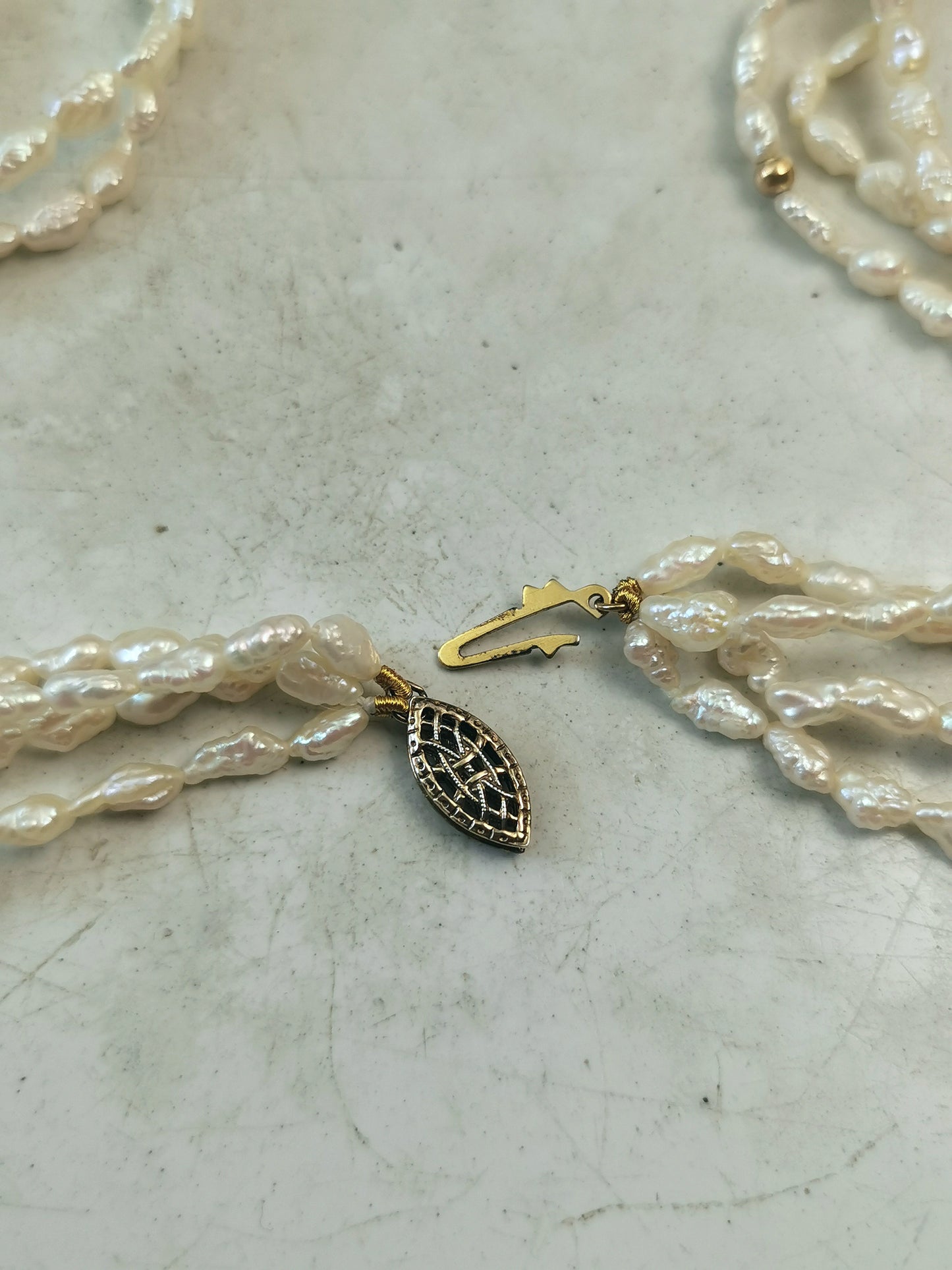 Vintage Sterling Silver Gold Vermeil 4 Strand Rice Pearl Necklace