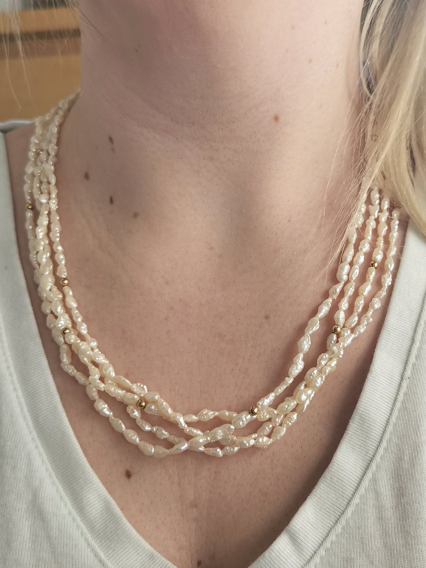 Vintage Sterling Silver Gold Vermeil 4 Strand Rice Pearl Necklace