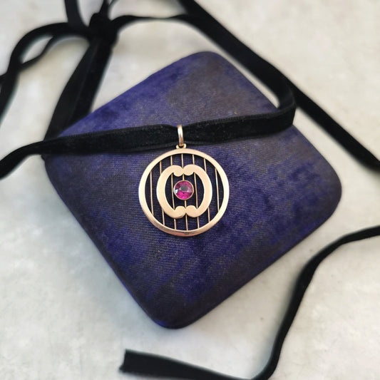 Edwardian 9ct Yellow Gold Pink Garnet Pendant on Black Velvet Choker