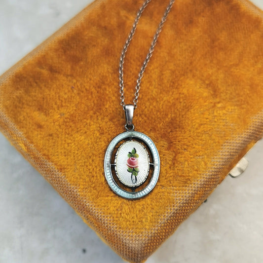Vintage Sterling Silver Charles Horner Guilloché Enamel Rose Necklace