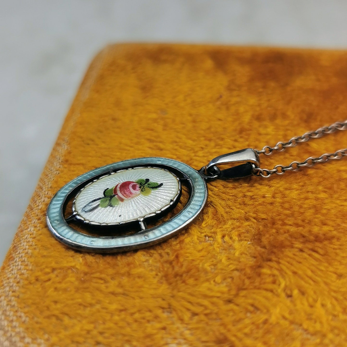 Vintage Sterling Silver Charles Horner Guilloché Enamel Rose Necklace