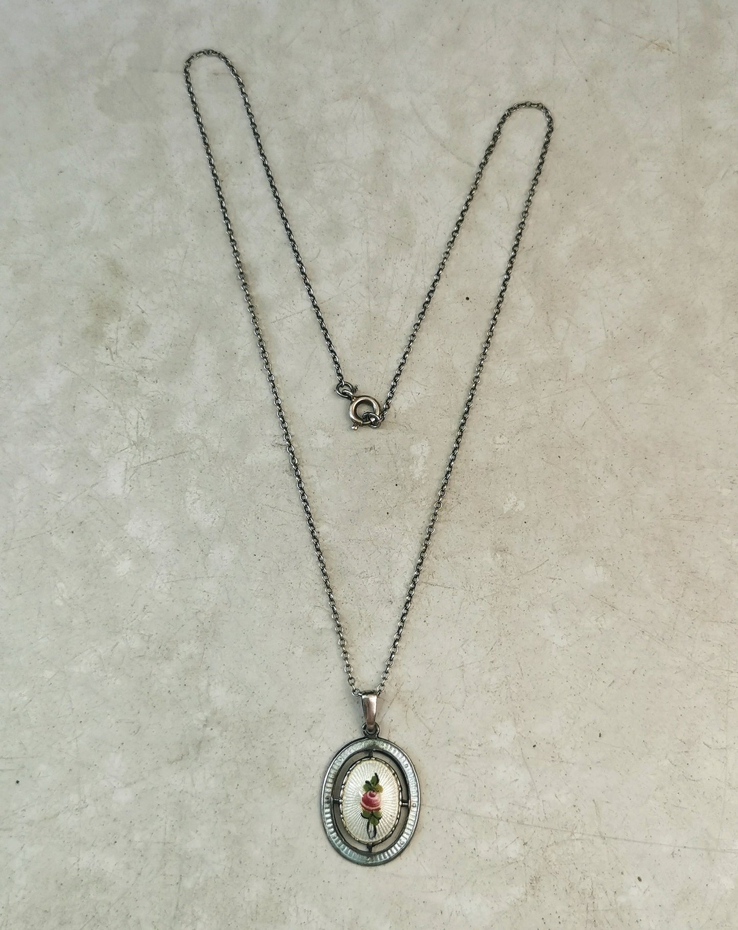 Vintage Sterling Silver Charles Horner Guilloché Enamel Rose Necklace