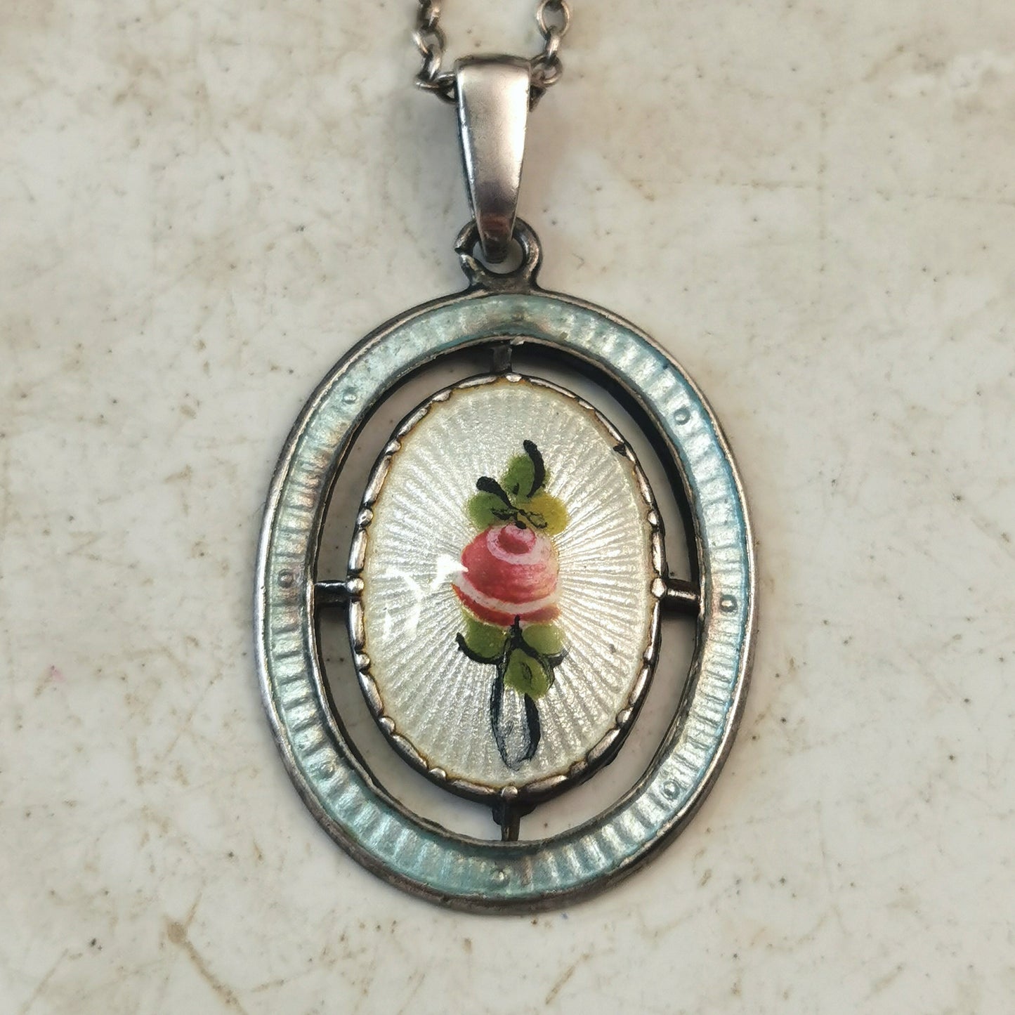 Vintage Sterling Silver Charles Horner Guilloché Enamel Rose Necklace