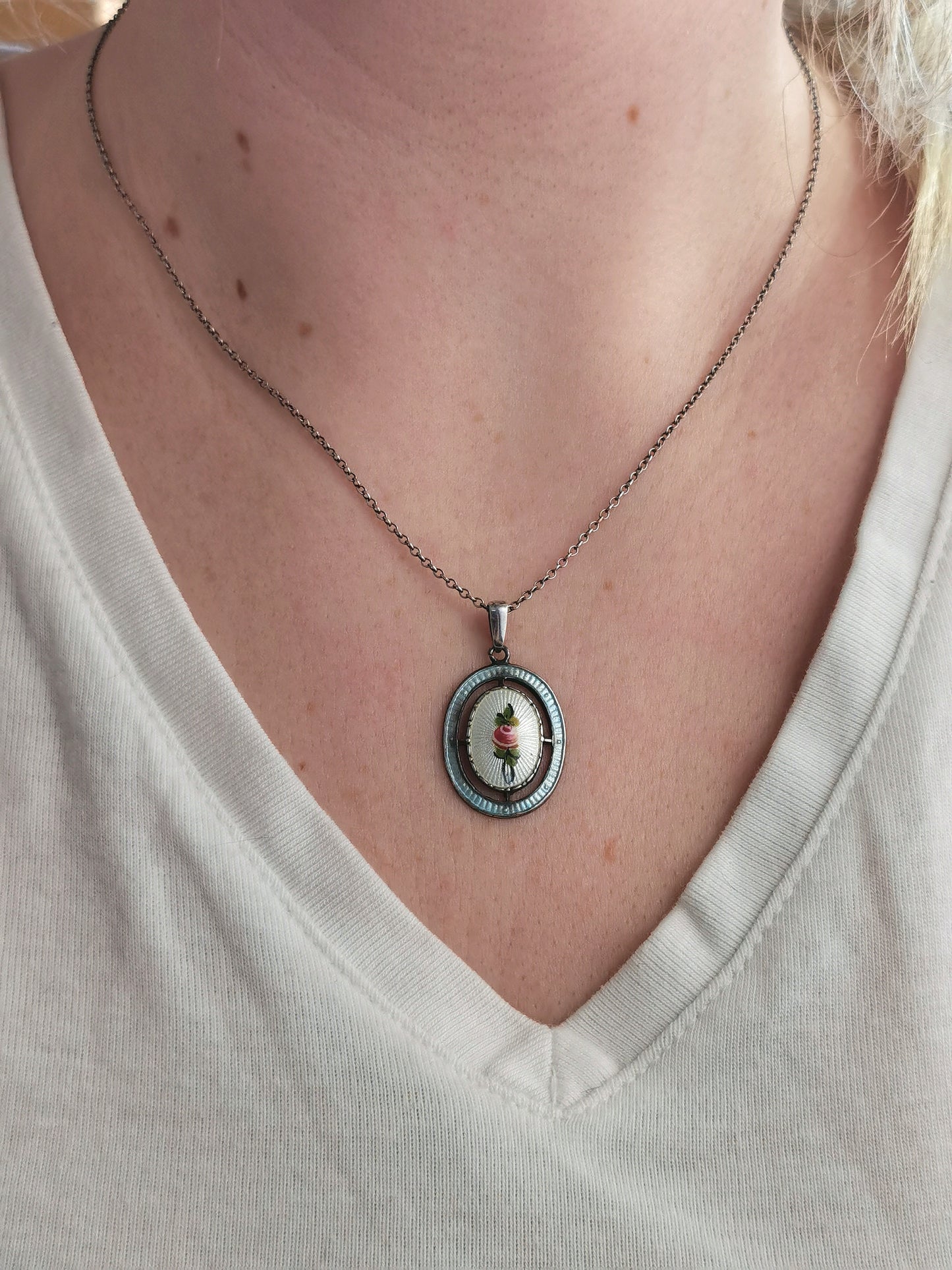 Vintage Sterling Silver Charles Horner Guilloché Enamel Rose Necklace