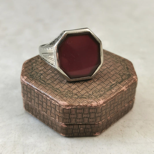 Art Deco Ostby Barton Gent's Signet Ring - 10k White Gold & Carnelian