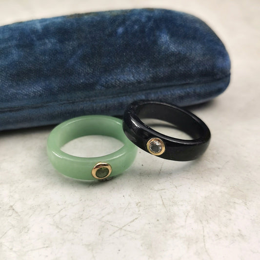 Pair of Estate 14k Yellow Gold Jadeite and Gemstone Stacking Bands