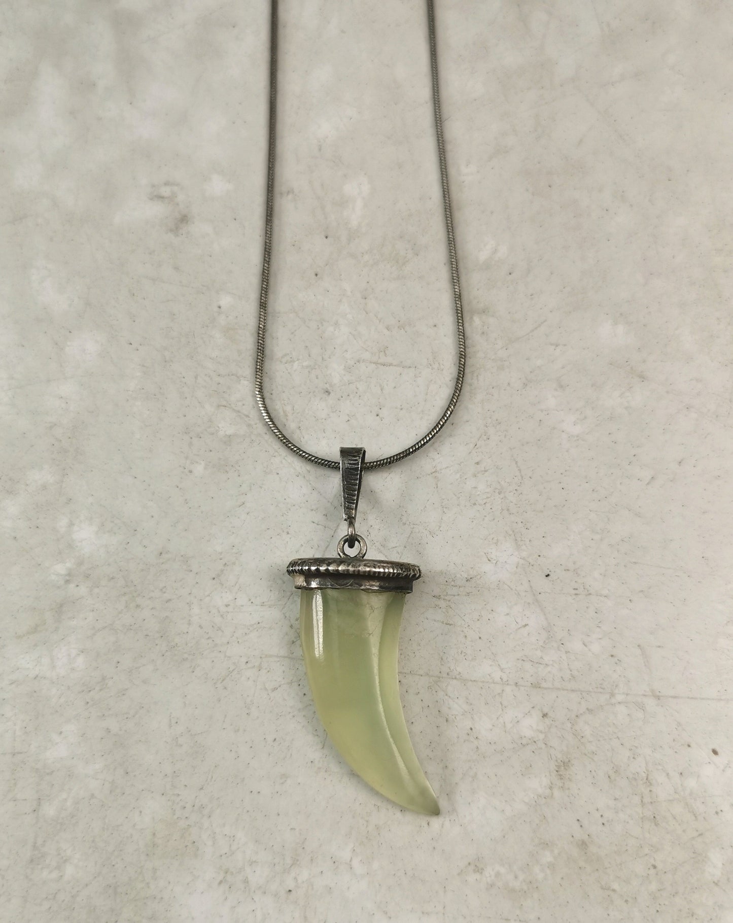 Vintage Sterling Silver & Green Soapstone Tooth Necklace