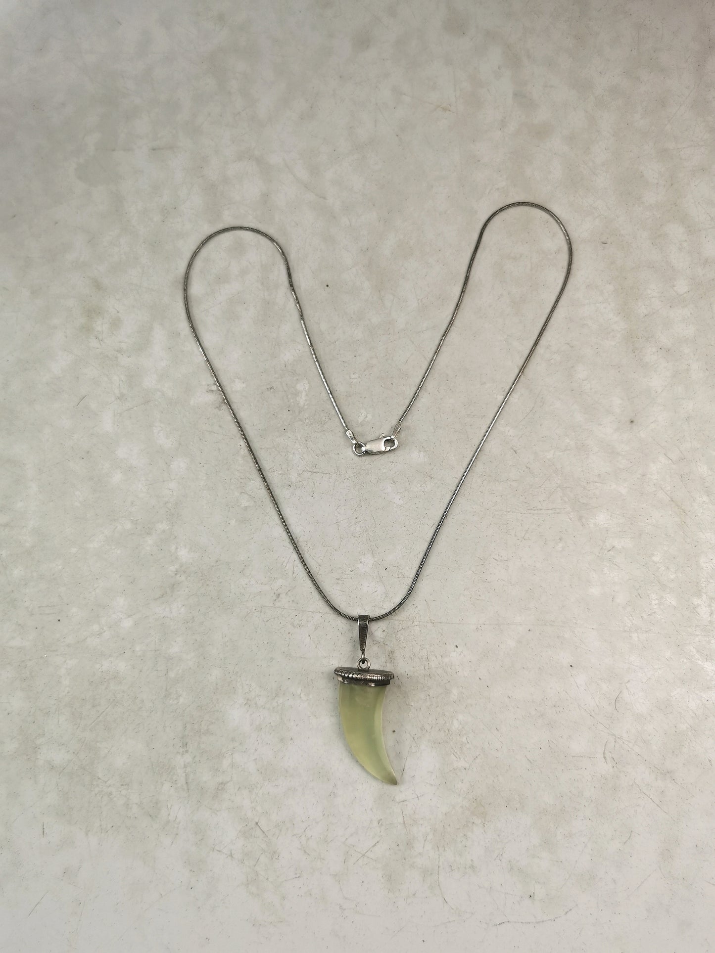 Vintage Sterling Silver & Green Soapstone Tooth Necklace