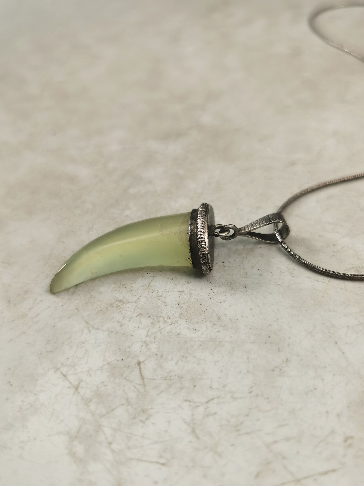 Vintage Sterling Silver & Green Soapstone Tooth Necklace
