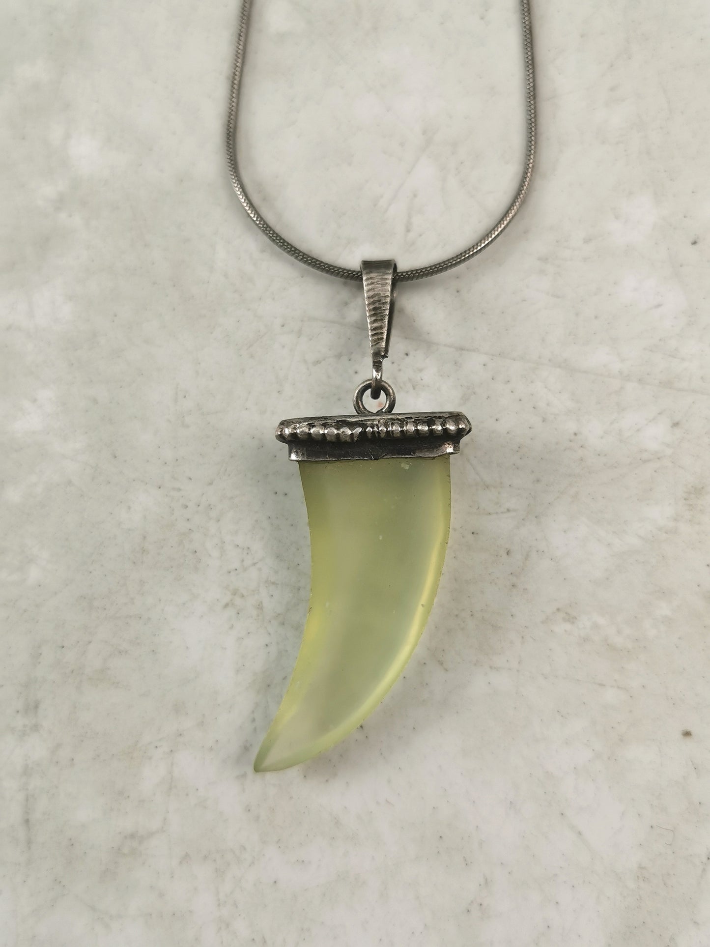 Vintage Sterling Silver & Green Soapstone Tooth Necklace