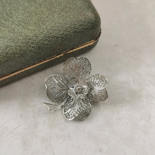Vintage Sterling Silver Filigree Four Leaf Clover Brooch