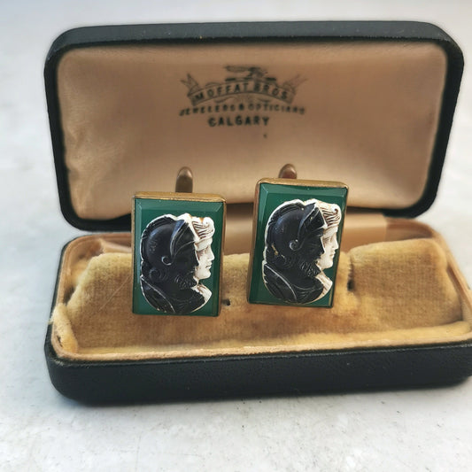 Vintage Brass & Glass Greek Warrior Cameo Cufflinks