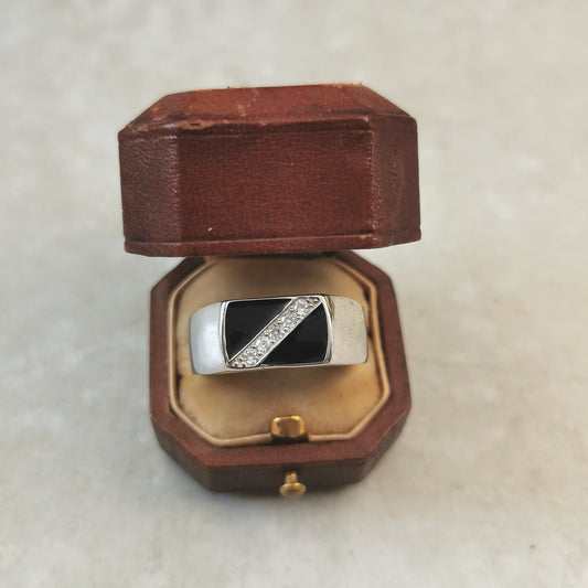 New Sterling Silver CZ & Black Enamel Signet Ring