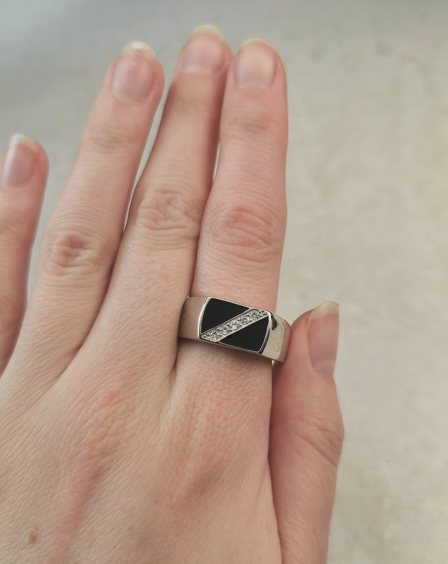 New Sterling Silver CZ & Black Enamel Signet Ring