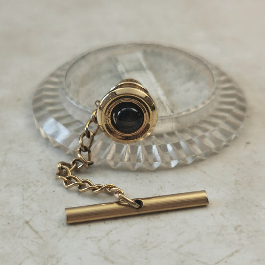 Vintage Gold Tone Cats Eye Black Sapphire Tie Tack