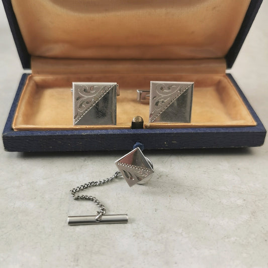 Vintage Sterling Silver Tie Tack and Cufflinks Set