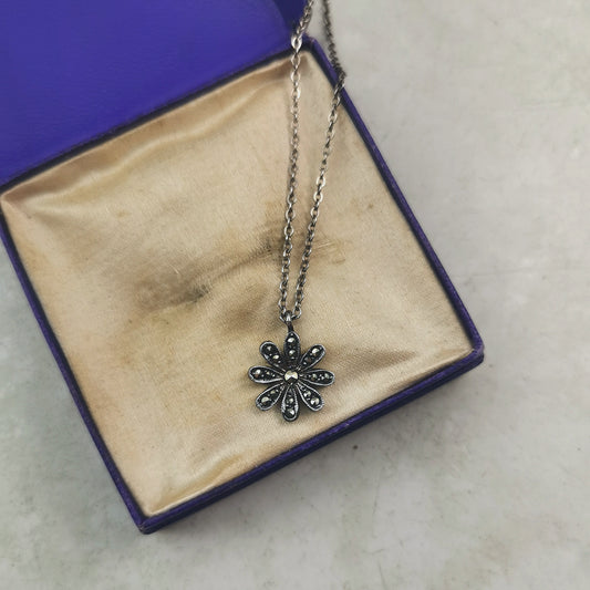 Vintage Sterling Silver Marcasite Flower Necklace