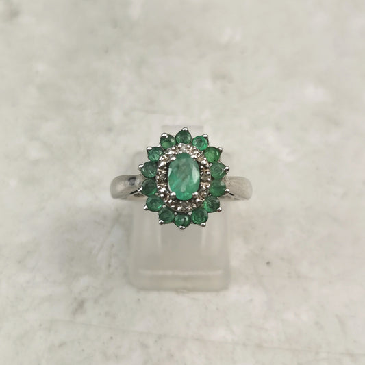 Estate Sterling Silver Emerald & Diamond Cluster Ring