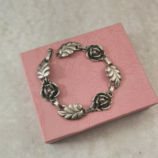 Vintage Sterling Silver Rose & Leaf Link Bracelet