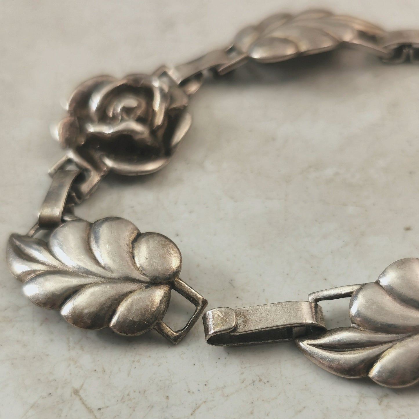 Vintage Sterling Silver Rose & Leaf Link Bracelet