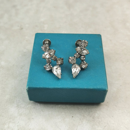 Vintage Sherman Clear Rhinestone Dangle Screw Back Earrings