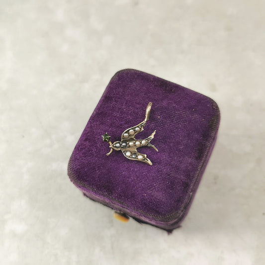 Antique 14k Yellow Gold & Seed Pearl Bird with Flower Conversion Pendant