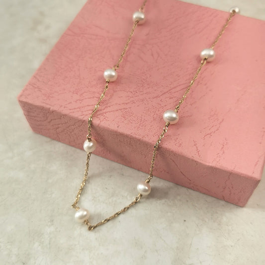 Estate 14k Yellow Gold Oval Pearl Station Singapore Chain