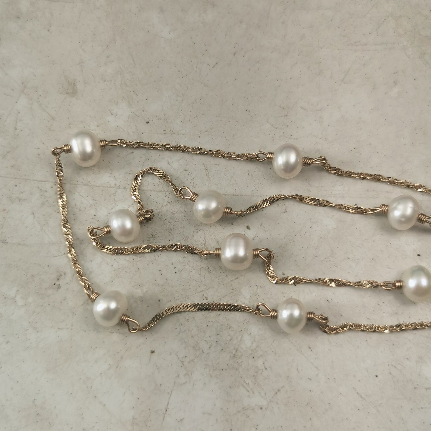 Estate 14k Yellow Gold Oval Pearl Station Singapore Chain