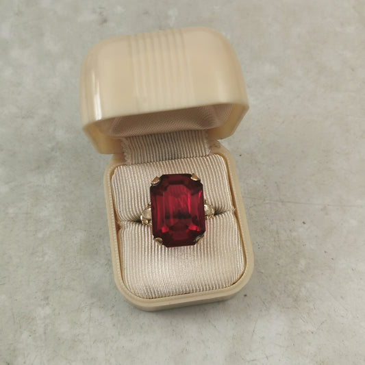 Vintage Rolled Gold Plate Red Glass Cocktail Ring