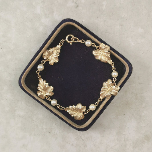 Vintage Gold Filled and Cultured Pearl Leaf Bracelet