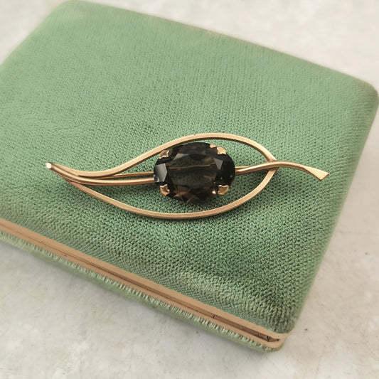 Vintage 12K Gold Filled Smokey Quartz Leaf Brooch