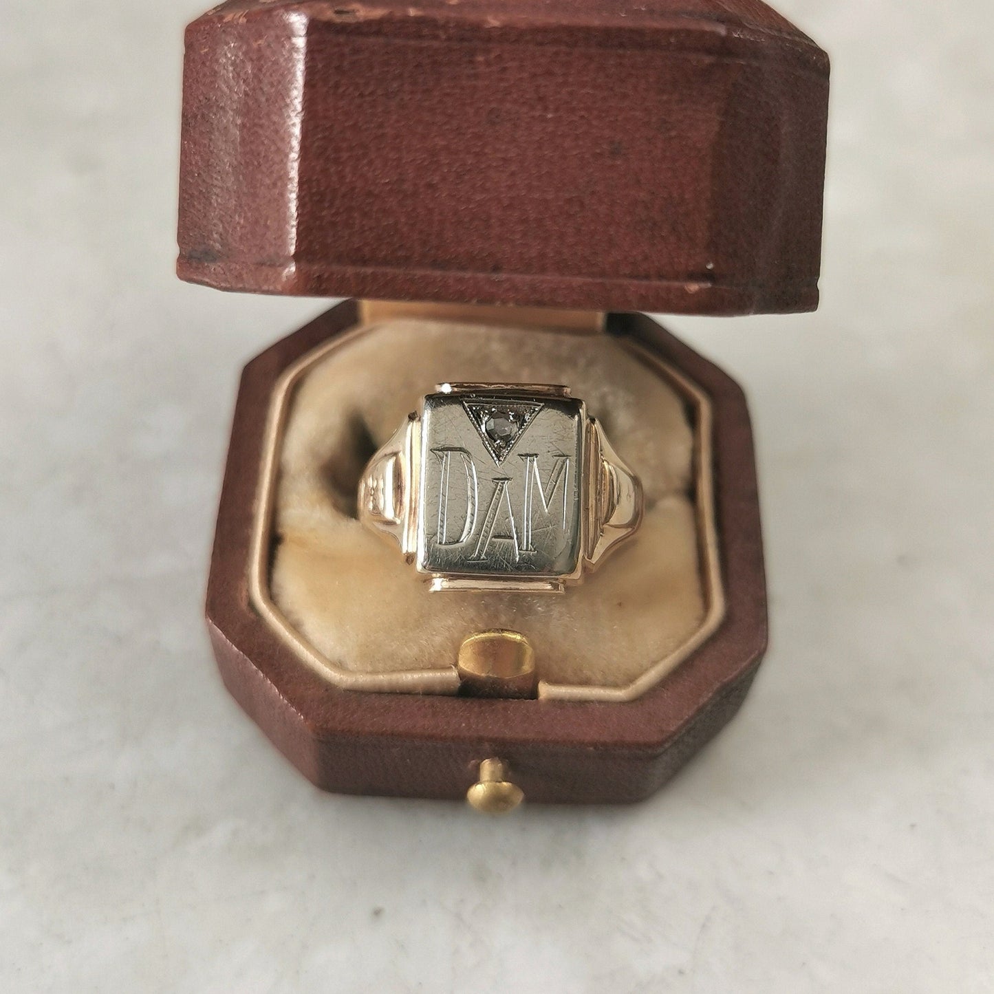 Vintage 10k Yellow and White Gold Signet Ring with Rose Cut Diamond