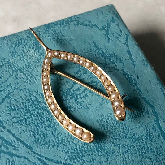 Edwardian 14k Yellow Gold & Seed Pearl Wishbone Brooch