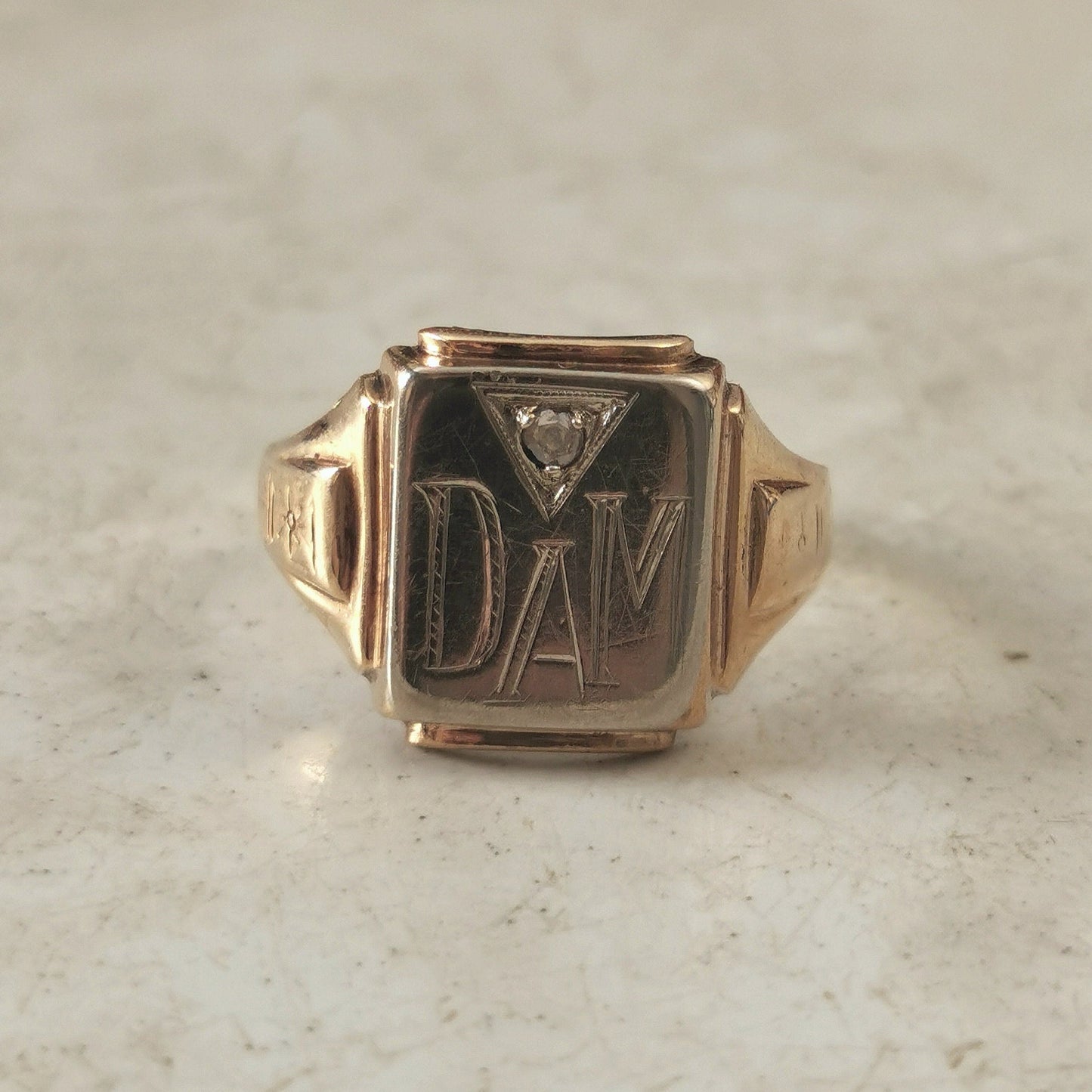 Vintage 10k Yellow and White Gold Signet Ring with Rose Cut Diamond