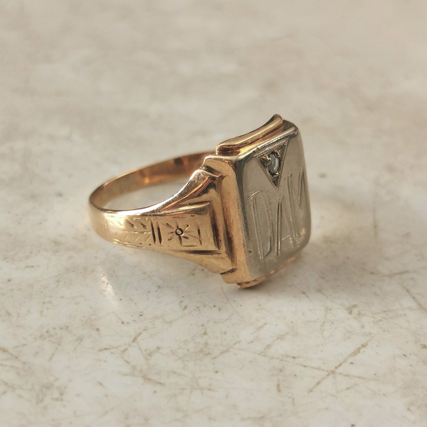 Vintage 10k Yellow and White Gold Signet Ring with Rose Cut Diamond