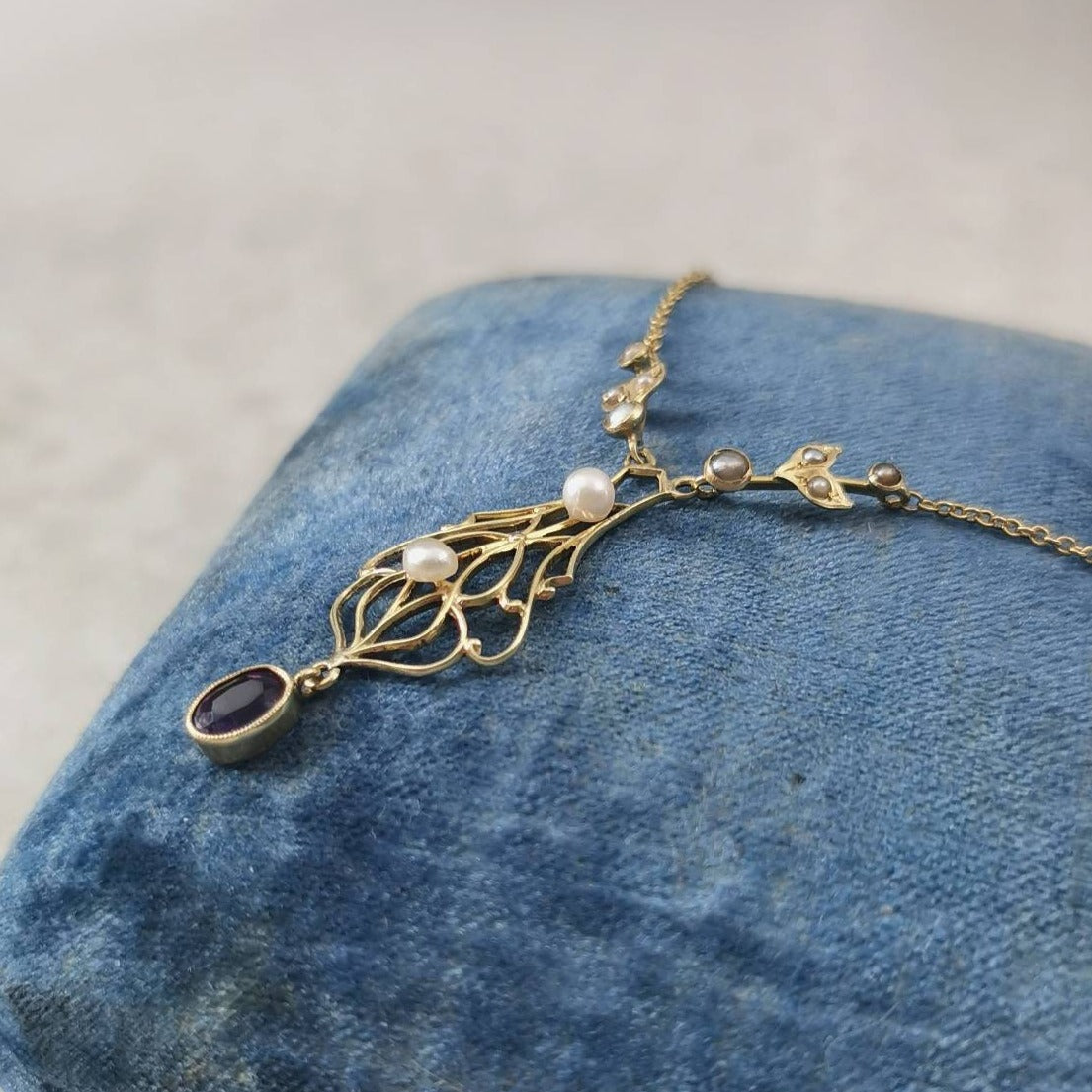 Edwardian 14k Yellow Gold Amethyst and Pearl Lavalier