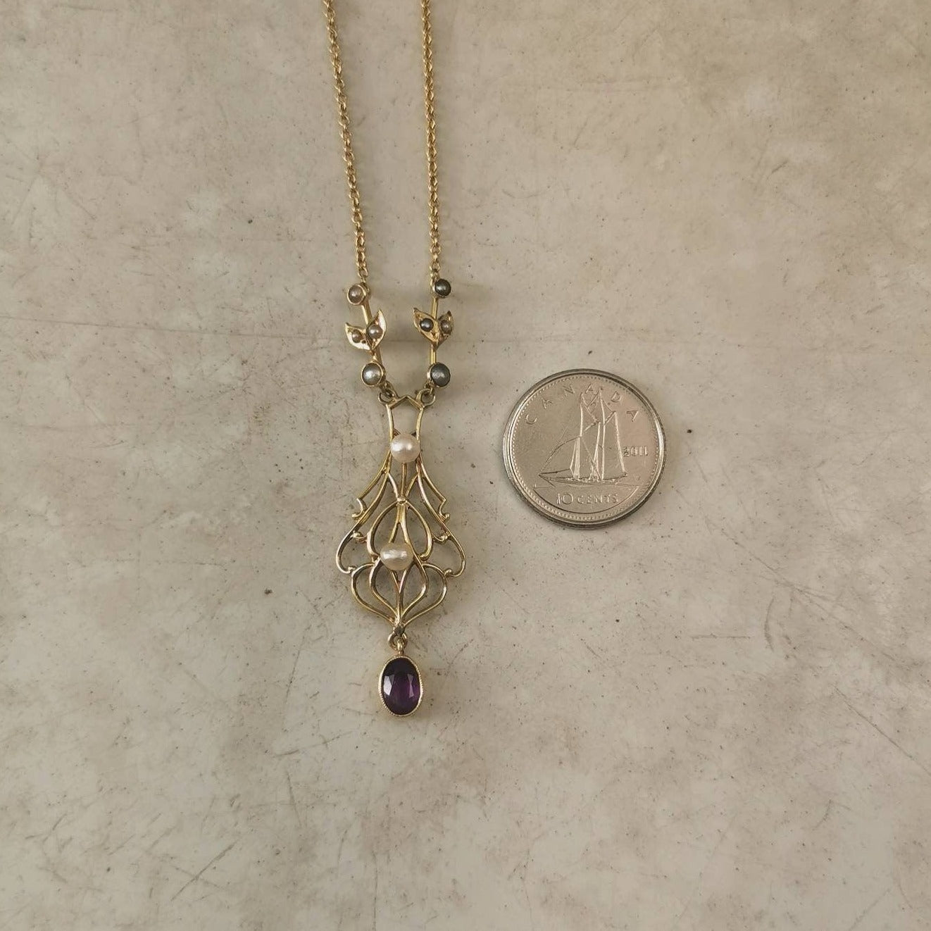 Edwardian 14k Yellow Gold Amethyst and Pearl Lavalier
