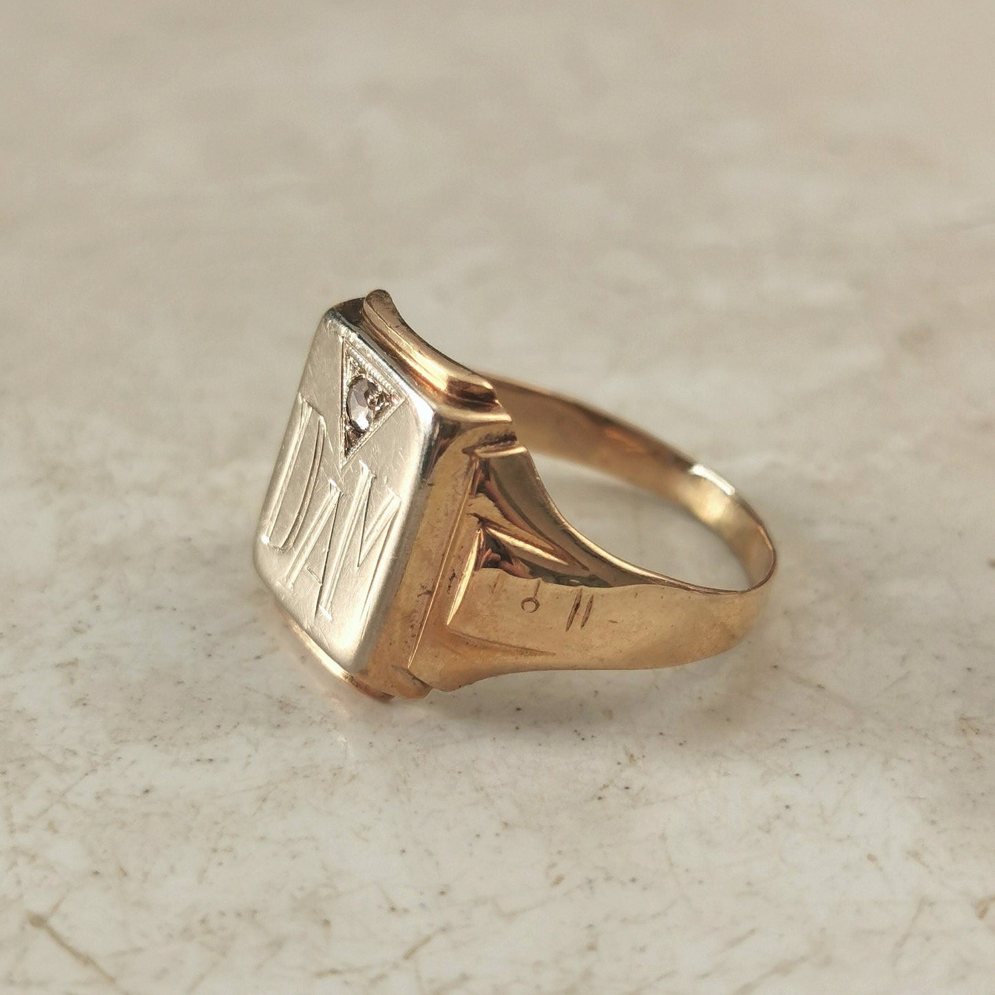 Vintage 10k Yellow and White Gold Signet Ring with Rose Cut Diamond