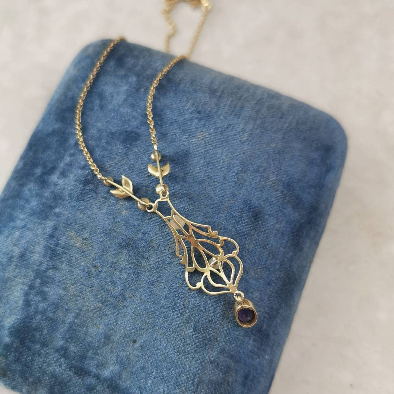 Edwardian 14k Yellow Gold Amethyst and Pearl Lavalier