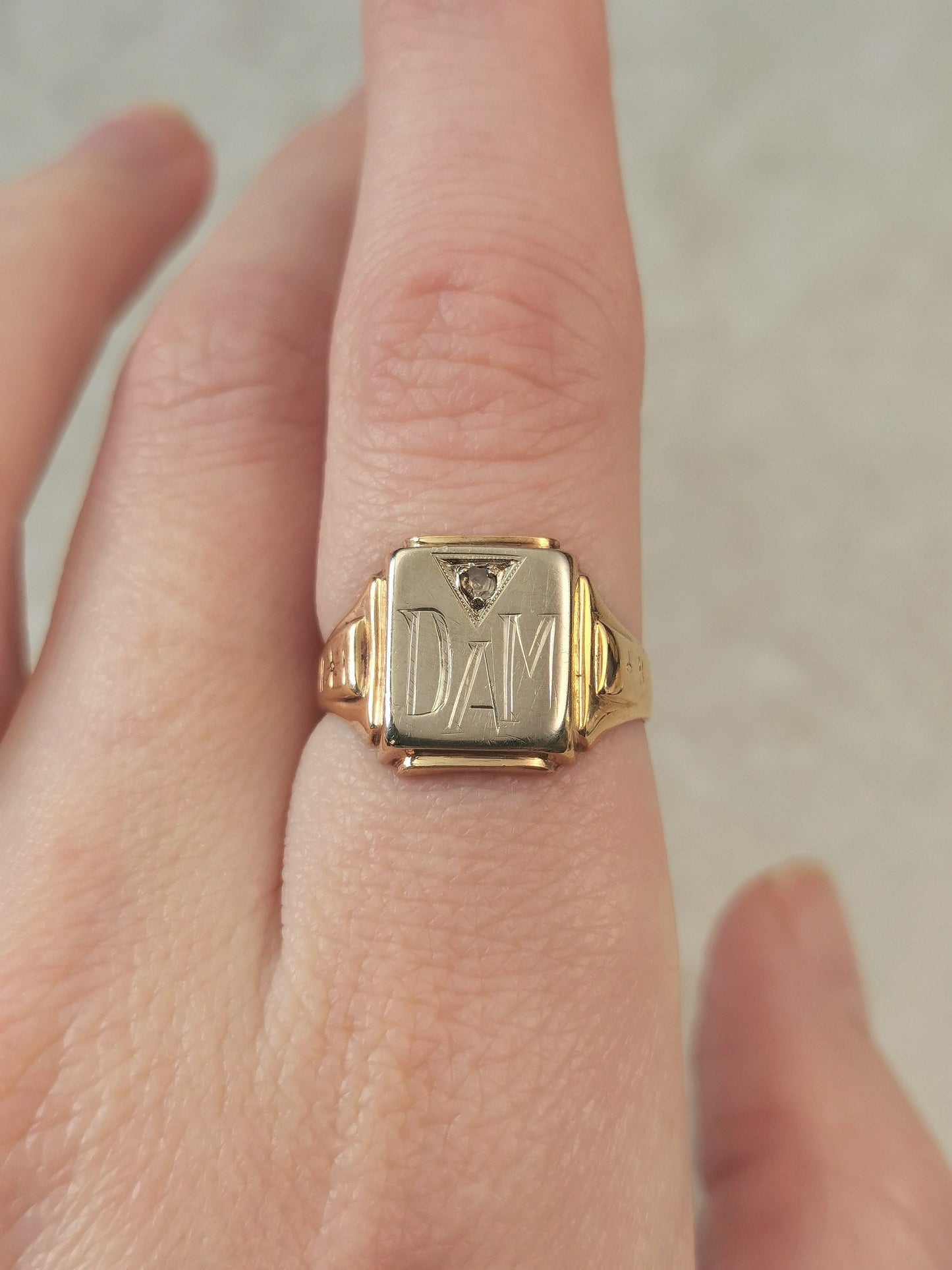 Vintage 10k Yellow and White Gold Signet Ring with Rose Cut Diamond
