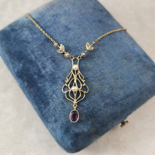 Edwardian 14k Yellow Gold Amethyst and Pearl Lavalier