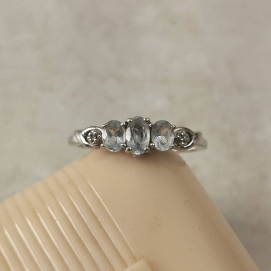Estate 10k White Gold 3 Stone Aquamarine and Diamond Ring